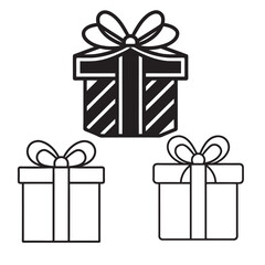 Black and white vector illustrations set, featuring three different gift box designs with elegant bows and ribbons for celebrations.