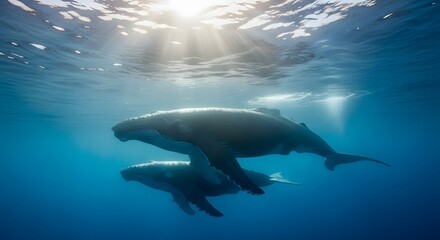 Humpback Whale Swimming Together in Blue Ocean Water