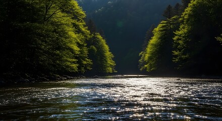 River Flowing Between Trees in Forest