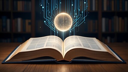 Glowing Orb Above Open Book with Digital Circuitry and Floating Symbols in Dark Library Scene