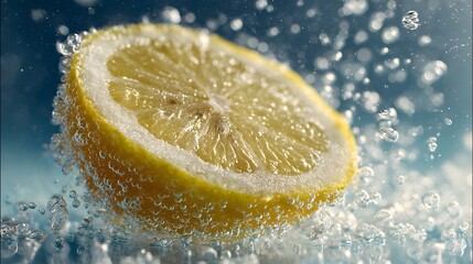 A vibrant lemon slice splashing in sparkling water, creating bubbles against a blue background