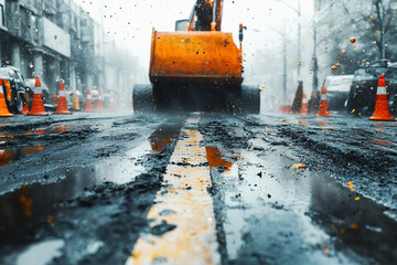 Construction Vehicle on Wet Road with Puddles and Orange Cones in Rainy City Setting
