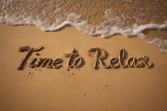 "Time to Relax" beach message in golden sand with gentle waves for wellness tourism campaigns and mindfulness app interfaces.