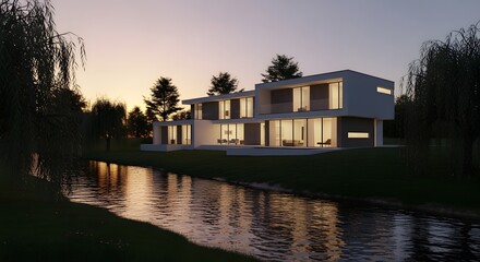 Modern House at Sunset by River