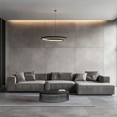 Modern living room with sectional sofa, low coffee table, and minimalist pendant light against a textured wall