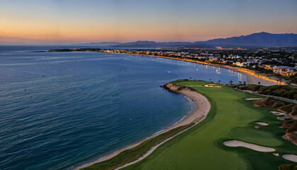 Vue panoramique d'un parcours de golf côtier au coucher du soleil.