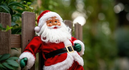 Festive Santa Claus figurine leaning against a wooden fence in a garden