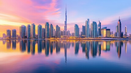 Fototapeta premium City skyline reflecting in water at sunrise