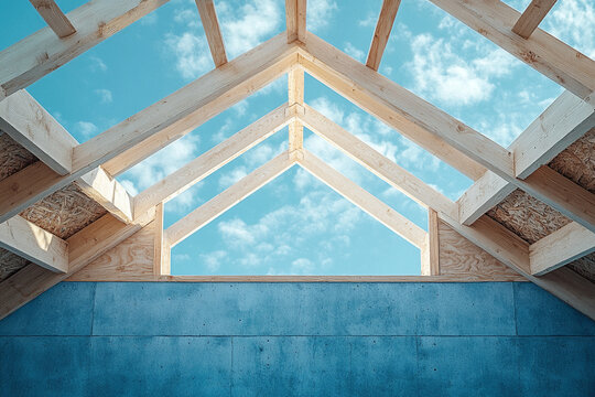 Exposed Timber Framing with Blue Wall Beneath and Sky Visible Through Roof Construction Beams