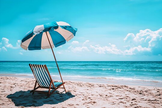 UK Summer Bank Holiday Bliss: Relaxing Chair Under a Blue Umbrella on a Beautiful Azure Seashore, Perfect for Coastal Getaways and Beach Escapes.