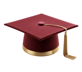 Close up of a maroon graduation cap with golden tassel and trim on black background