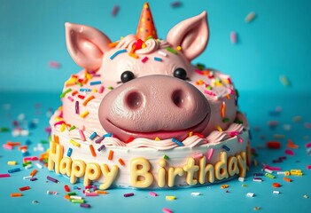 Naklejka premium Cute pig hippo cake with colorful confetti & fun typography on birthday card, decor, colorful
