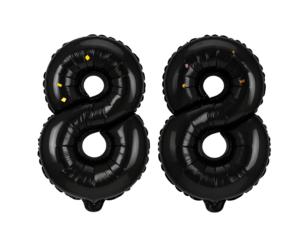 Elegant Number 88 Black Foil Balloons with Confetti Explosion, isolated on transparent background