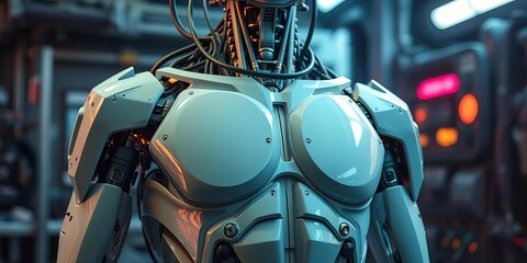 Fototapeta premium Cyborg torso suspended by cables, futuristic repair setting, polished, dark