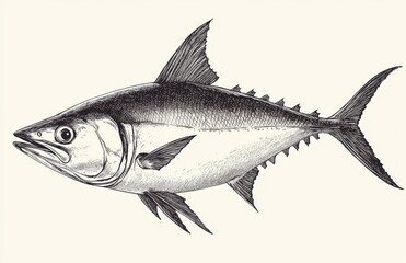 Engraved Tuna Fish Illustration Black Ink Drawing, Seafood Art, Fish Illustration Seafood, Tuna