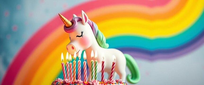 Cute unicorn blowing out birthday candles on rainbow background, creature, horn