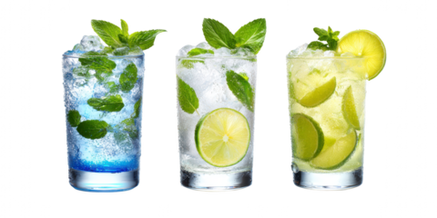 Mojito cocktail Bar menu cocktails in old fashioned, highball and tumbler glass. Colorful refreshing drink with garnish