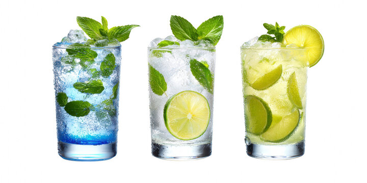 Mojito cocktail Bar menu cocktails in old fashioned, highball and tumbler glass. Colorful refreshing drink with garnish