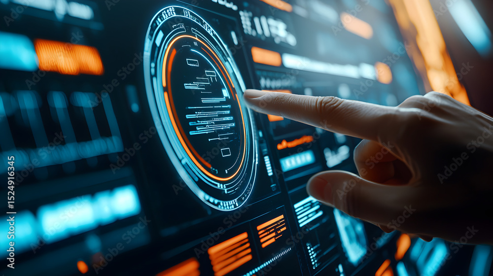 Poster a person interacts with a futuristic touchscreen interface displaying digital data and analytics in 