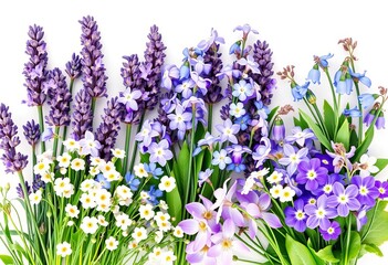 Delicate lavender, bluebells, forget-me-nots, snowdrops, and primroses, isolated on white,  beauty,  flora