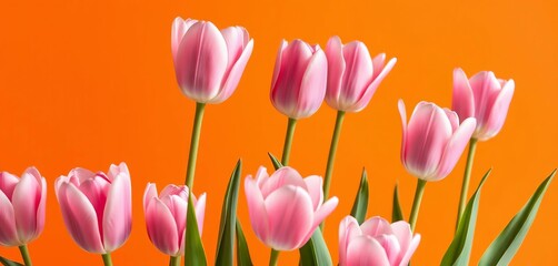 Fototapeta premium Delicate pink tulips bloom vibrantly against a warm orange backdrop, card, design