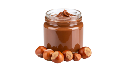 Chocolate cream with hazelnut. Jar of Brown, sweetened hazelnut cocoa spread. Delicious organic chocolate cream for morning snack, breakfast. Food photo. Macro high resolution. Isolated Background