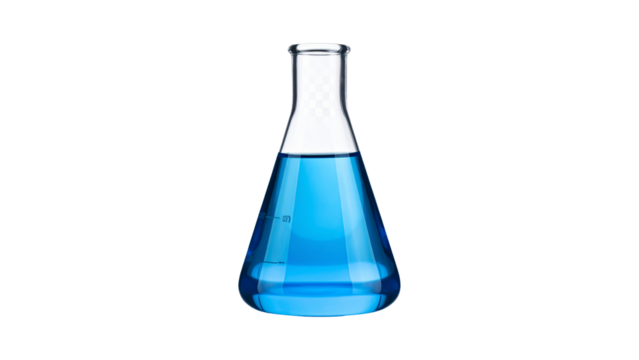 Flask with blue liquid isolated on transparent background, PNG