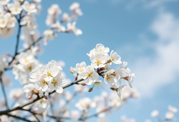 Obraz premium Delicate white cherry blossoms in full bloom against a pastel blue spring sky, white floral, aesthetic
