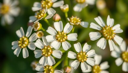 Fototapeta premium Delicate white erigeron annuus blossoms, close-up detail, flora, delicate