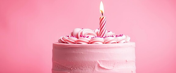 Delightful pink birthday cake with a single lit candle, soft pink background,   candlelight,  dessert