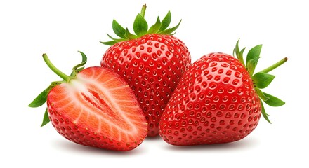 Fresh Strawberries Grouped Together, One Cut in Half Showing Inside