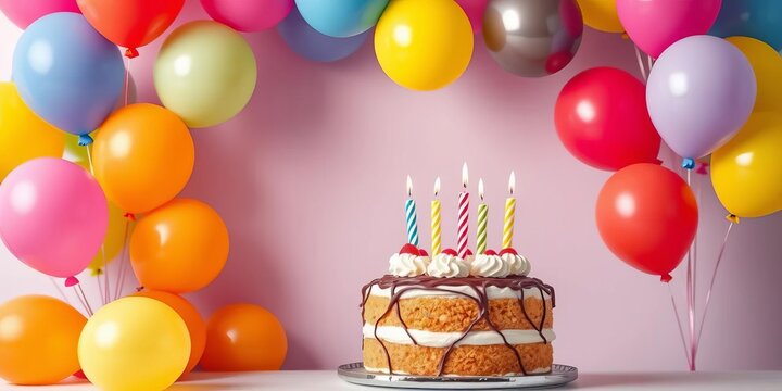 Elegant birthday photo frame template featuring vibrant balloons and a delicious birthday cake, decoration, pastel