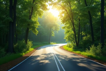 Obraz premium Winding Road Through Lush Forest at Sunrise
