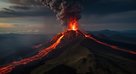 Volcanic Eruption, Lava Flow, Mountain Range, Aerial Photo, Dramatic Landscape, Overhead View, Natural Phenomenon