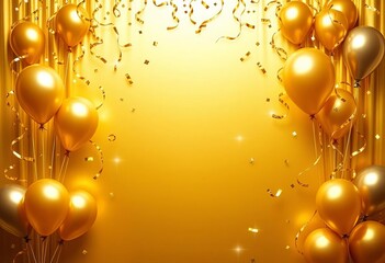 Elegant gold confetti and balloons celebratory banner against a gold background, accomplishment, celebration