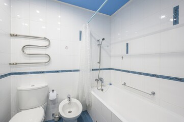 bright bathroom with white tiles and a blue-painted ceiling. Features a toilet, bidet, bathtub with a shower, and a heated towel rack. The room is well-lit