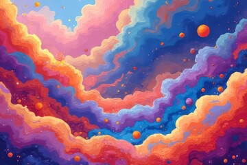 Vibrant Colorful Abstract Painting of Clouds and Planets in Space