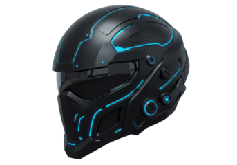 Isolated Futuristic Black Helmet with Blue Lights