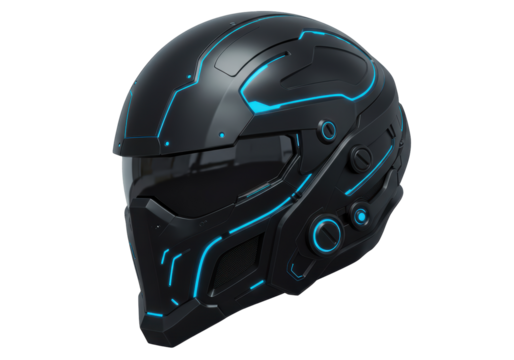 Isolated Futuristic Black Helmet with Blue Lights