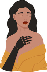 Woman character showing power strength of new bionic arms prosthesis. Happy disabled girl