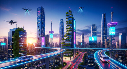 Obraz premium Futuristic Smart City Skyline at Dusk with Neon Lights and Autonomous Vehicles – Photorealistic Vision
