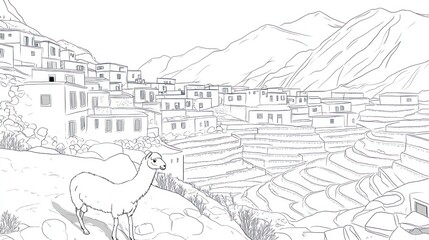 Fototapeta premium A grayscale landscape drawing of a mountain village, terraced fields, and a llama