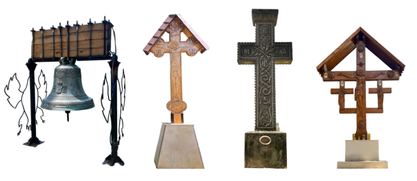 Collection of wooden crosses and church bell