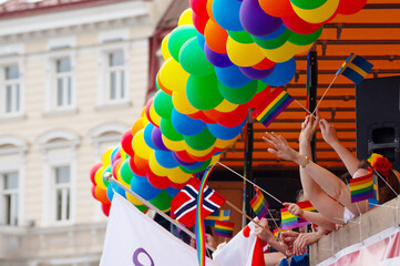 LGBTQ Pride Flags and Symbols at Equality Parade in Europe. Vilnius