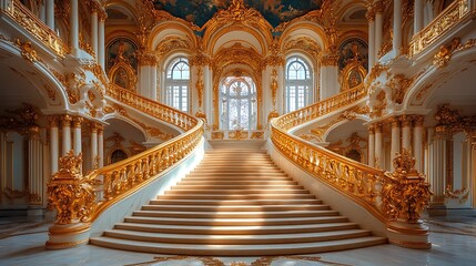 Naklejka premium Grand golden staircase in luxurious building interior