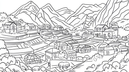 Fototapeta premium Black and white drawing of a village nestled in terraced hills