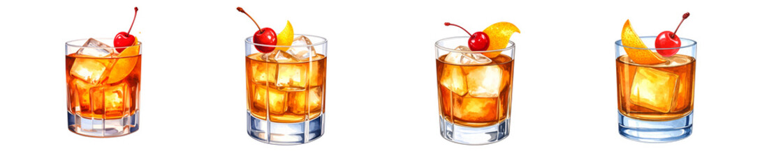 Four refreshing drinks with ice, garnished with cherries and citrus slices.