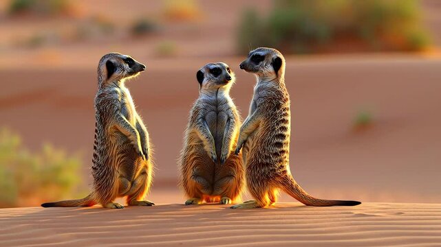 Three meerkats stand upright in a sandy desert with warm sunlight illuminating the scene