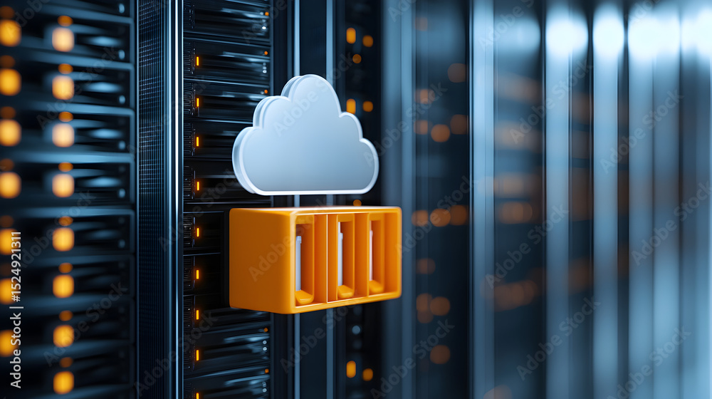 Poster cloud storage icon attached to a server rack in a modern data center with illuminated server lights.