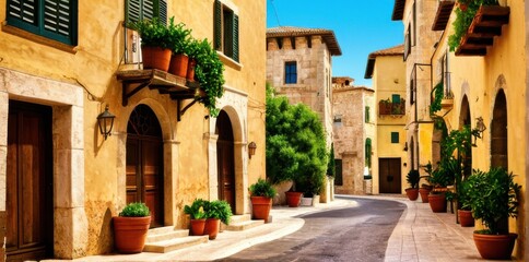 Sunlit Cobblestone Street in a Charming European Village